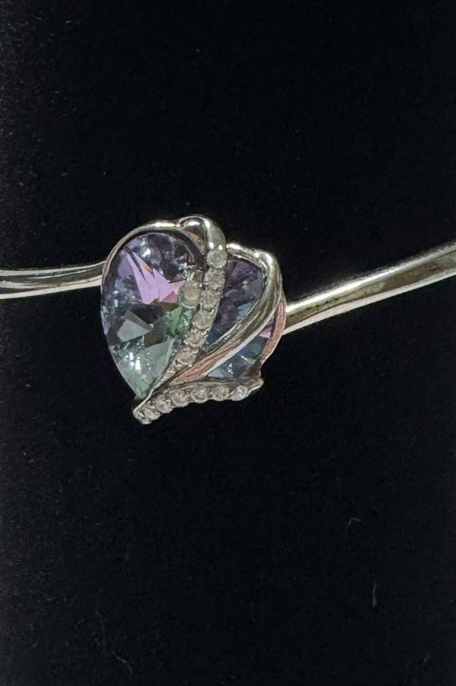AOBOCO S925 Sterling Silver Adjustable Heart Bangle Bracelet With Cleaning Cloth